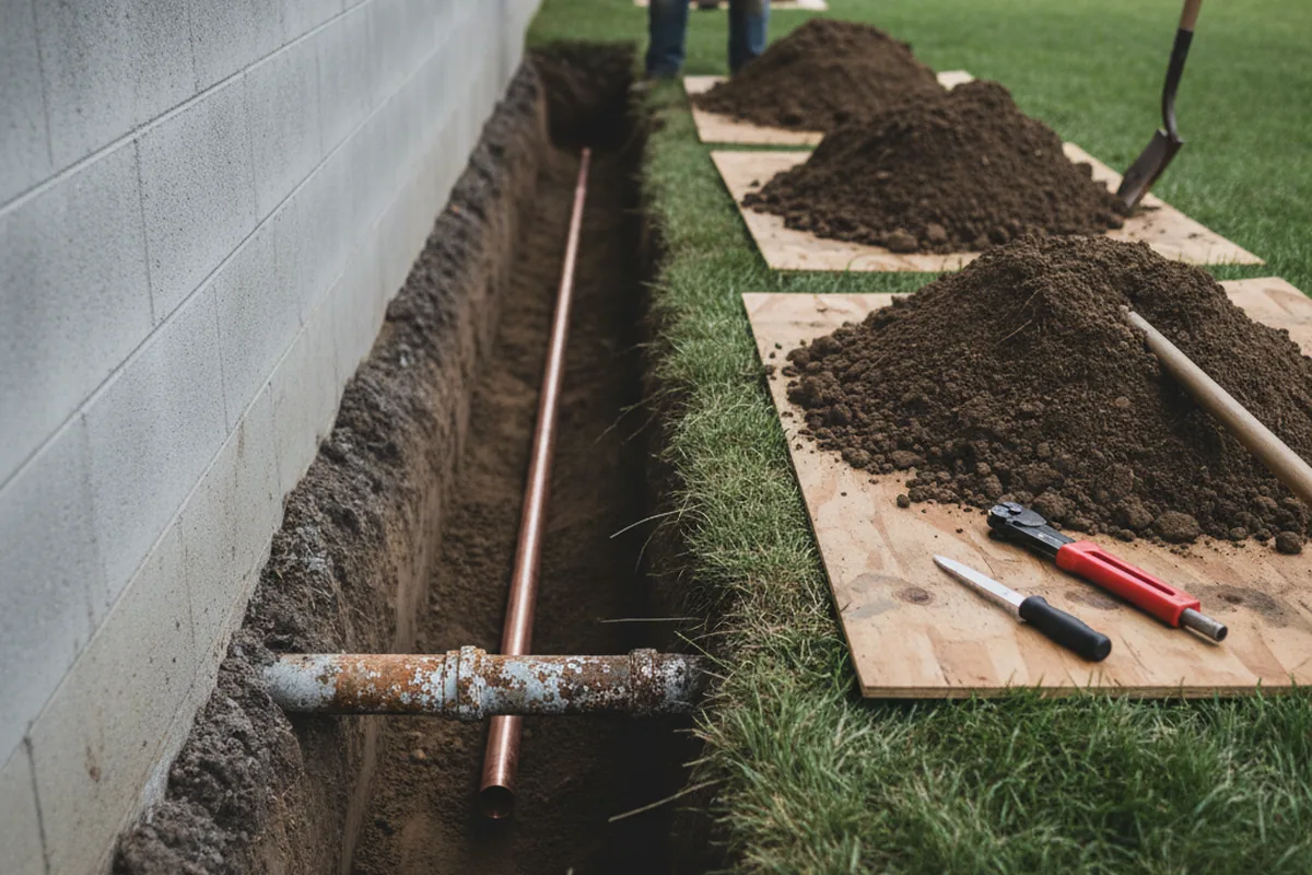 Excavated water line trench during Water Heater Repair in South Walpole